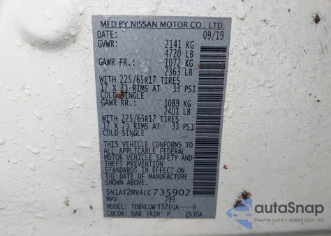 2020 Nissan Rogue Sv Intelligent Awd z USA, uszkodzony, nr VIN 5N1AT2MV4LC735902